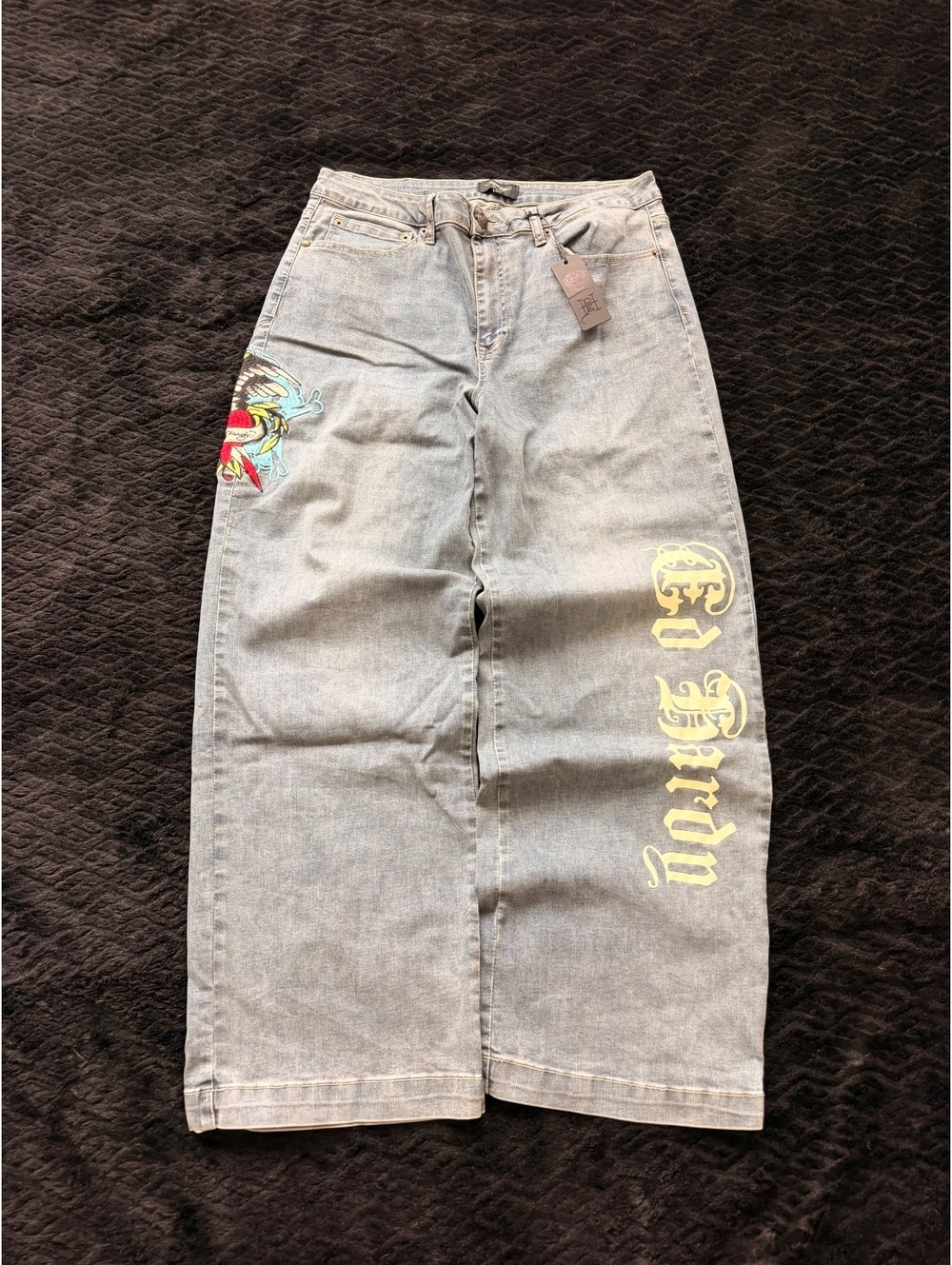 Ed Hardy Grey Wide Leg Baggy Jeans Embroidered